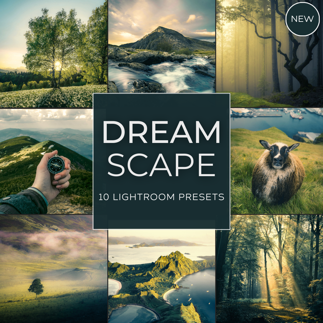 Dreamscape Lightroom Presets pack featuring 10 nature and landscape presets for enhancing outdoor photos with dreamy, cinematic tones.